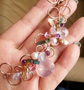 14kt Rose Goldfilled frame, wirewrapped with Rose Quartz, Green Tourmaline, Pink Mystic Topaz, Blue Chalcedony, Amethyst & Pearl