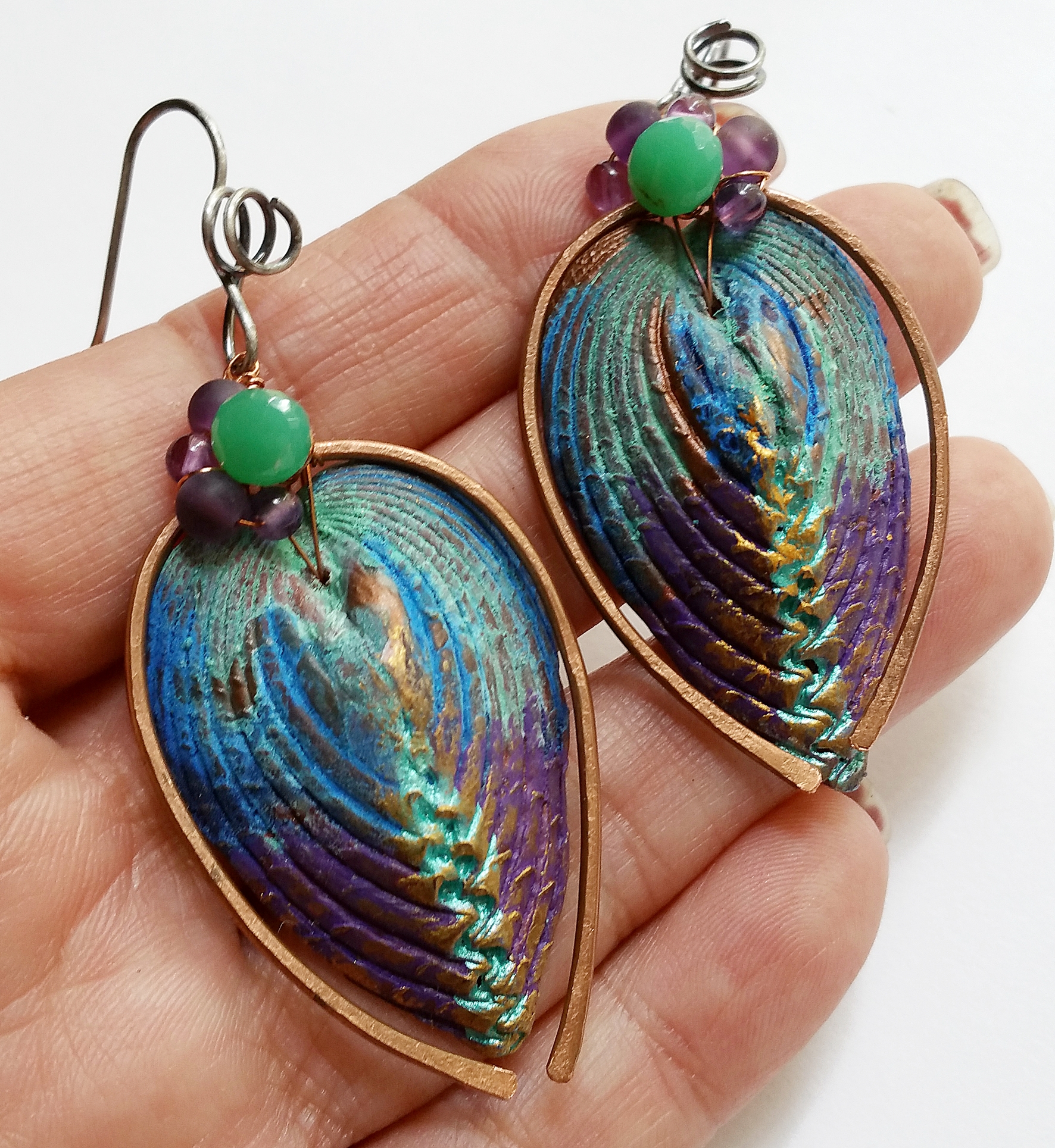 Polymer Clay "shell" by Helen Backhouse in UK, Chrysoprase and Amethyst. Mix metal of Copper and hand forged Sterling Silver earwire.
