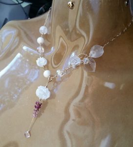beautiful etched Lampwork glass beads, with a gradient cluster of Ruby, shaded Pink Tourmaline. Made with 14kt Yellow Goldfilled wire.