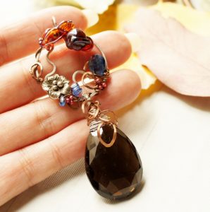 Dragon lampwork glass, Royal Blue Kyanite, GEM Smokey Quartz, mix metal of Sterling Silver and Copper.